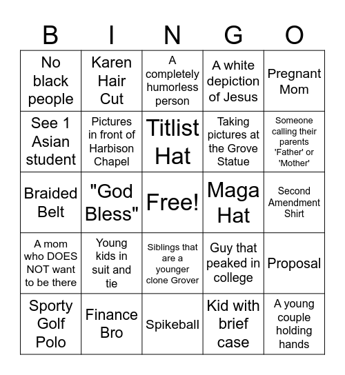 Grove City University Bingo Card