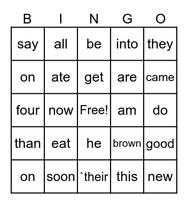 Sight Words Bingo Card