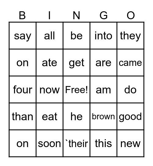 Sight Words Bingo Card