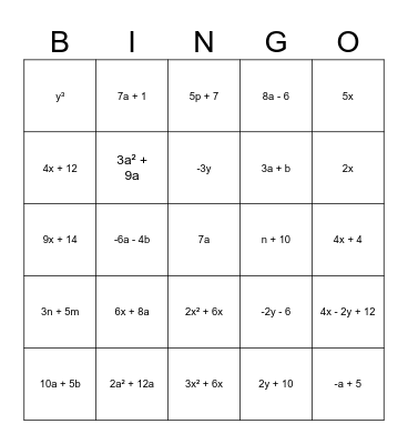 ALGEBRA BINGO Card