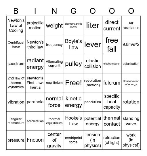 The Physics of Six Flags Bingo Card