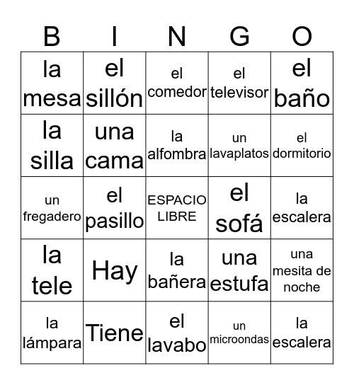 LA CASA Y LOS MUEBLES (grado 5) Bingo Card