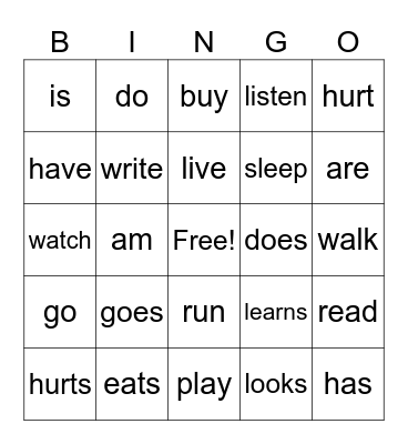 Present Simple Verbs Bingo Card