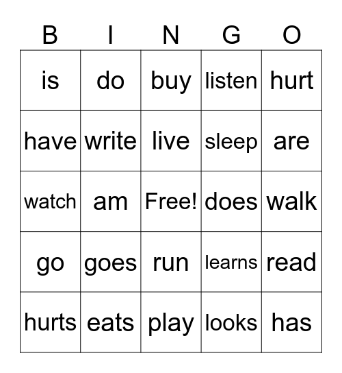 Present Simple Verbs Bingo Card