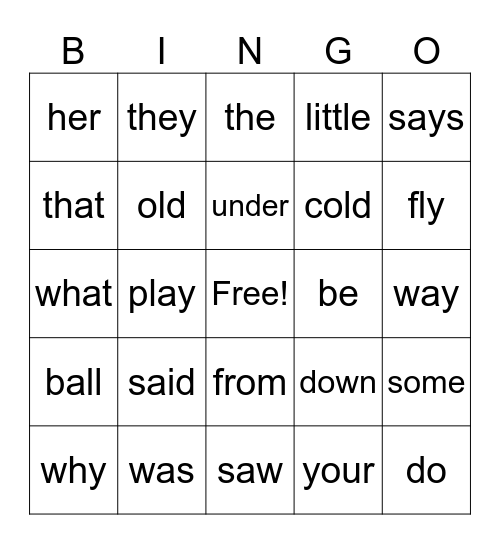 High Frequency Word Review Bingo Card
