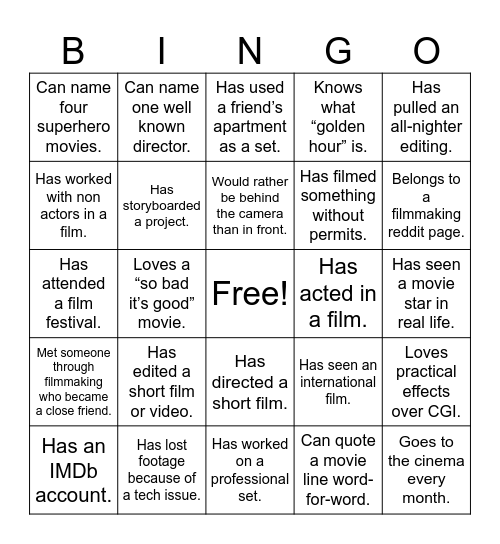 Filmmaker Bingo Card