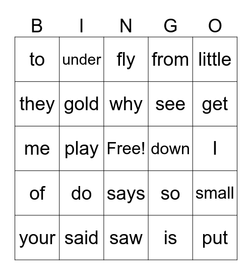 High Frequency Word Review Bingo Card