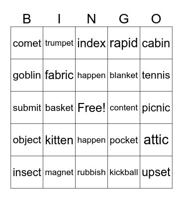 Closed Syllable Bingo Card
