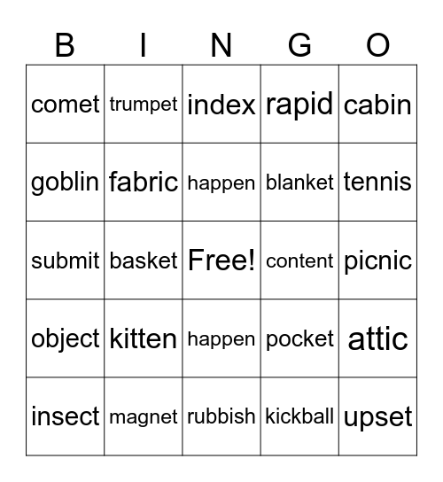 Closed Syllable Bingo Card