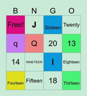 Numbers and Letters Bingo Card