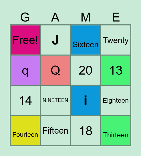 Numbers and Letters Bingo Card