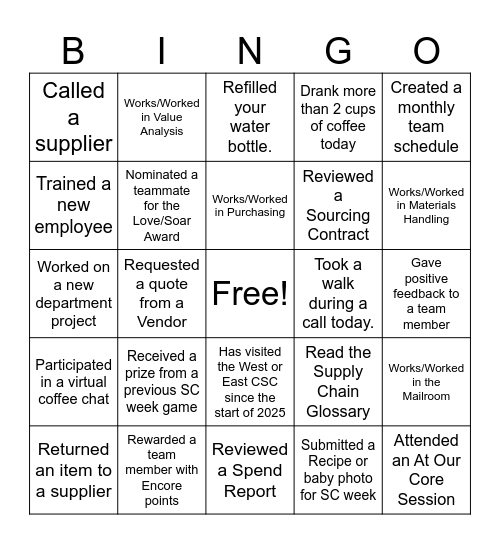 Supply Chain Bingo Card