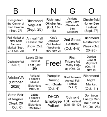 Richmond, VA Activities Bingo Card