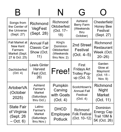 Richmond, VA Activities Bingo Card