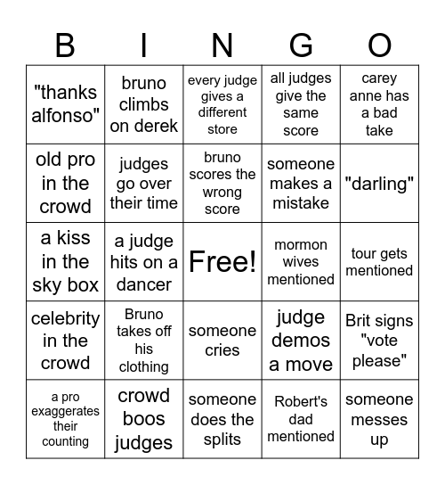 DWTS 2025 Bingo Card
