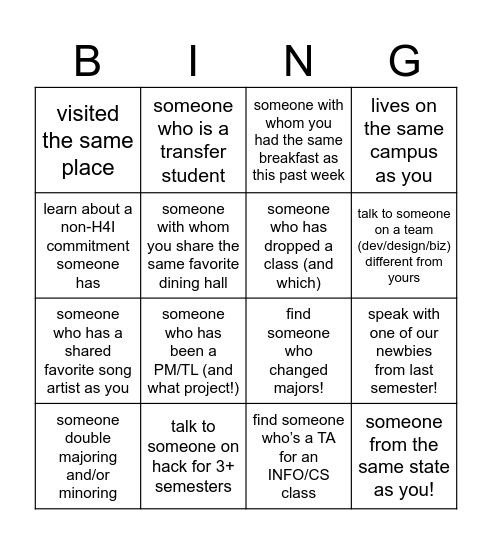 H4I New Member Bingo! Bingo Card