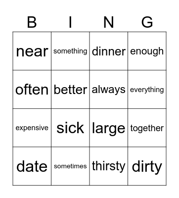 Vocabulary Bingo Card