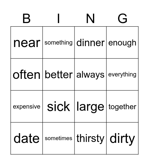 Vocabulary Bingo Card