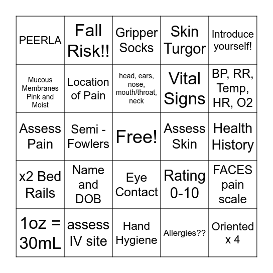 health assessment Bingo Card