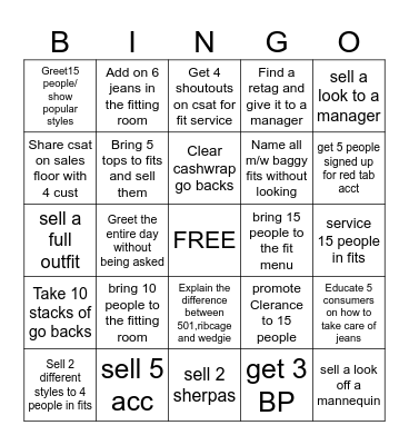 Fitting room bingo Card