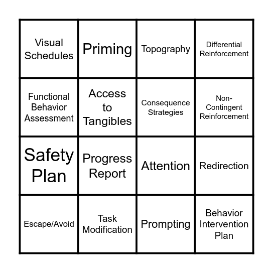 Behavior Reduction BINGO! Bingo Card