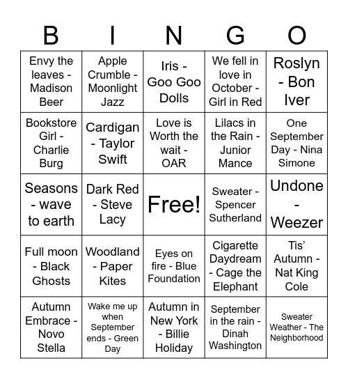 Fall Playlist Bingo Card