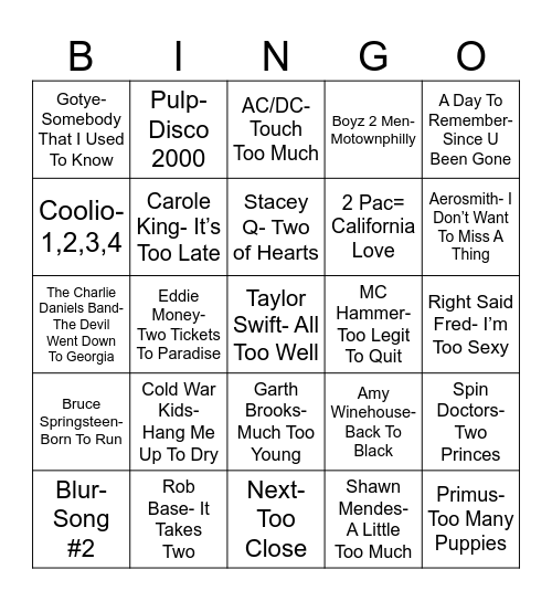 Radio Bingo Two, To, Too Bingo Card