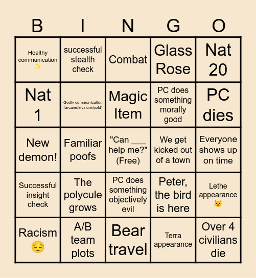 Asphodel Medows Bingo Card