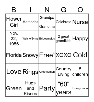60th Wedding Anniversary Bingo Card