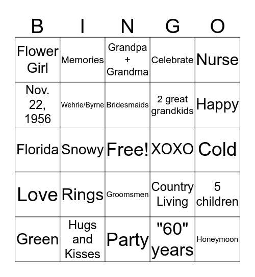 60th Wedding Anniversary Bingo Card