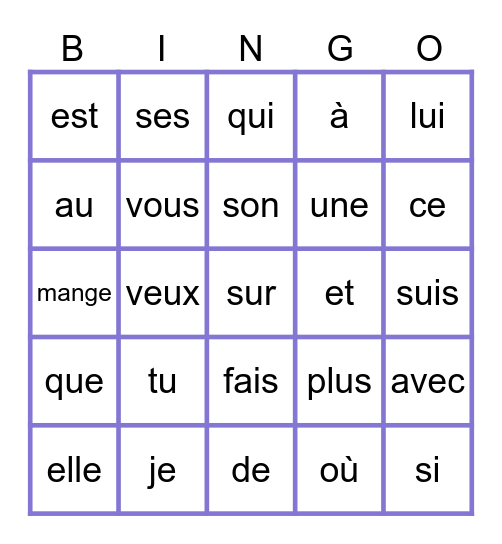 Les mots fréquents Bingo Card