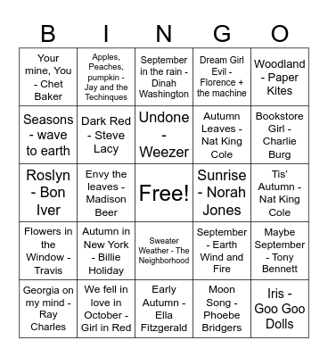 Fall Playlist Bingo Card