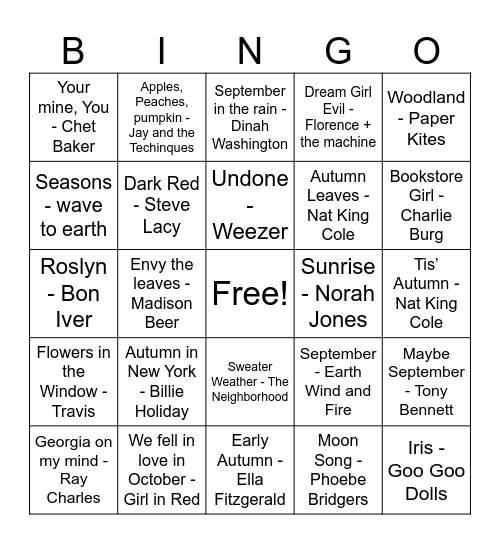 Fall Playlist Bingo Card