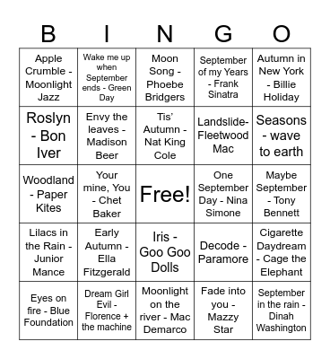 Fall Playlist Bingo Card