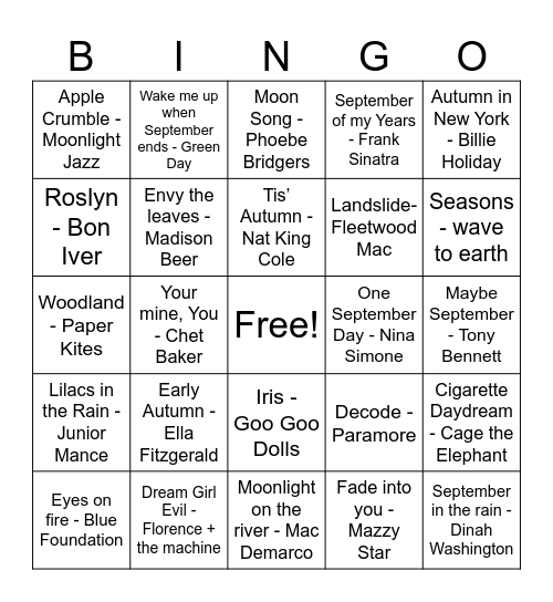 Fall Playlist Bingo Card