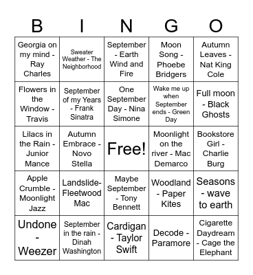 Fall Playlist Bingo Card
