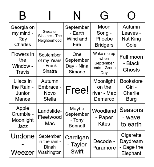 Fall Playlist Bingo Card