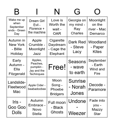 Fall Playlist Bingo Card