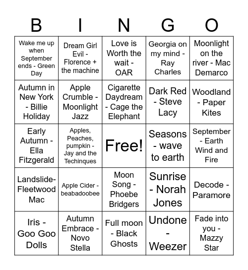 Fall Playlist Bingo Card