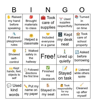 Responsibility Bingo Card