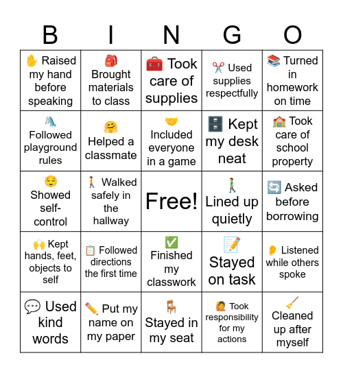 Responsibility Bingo Card