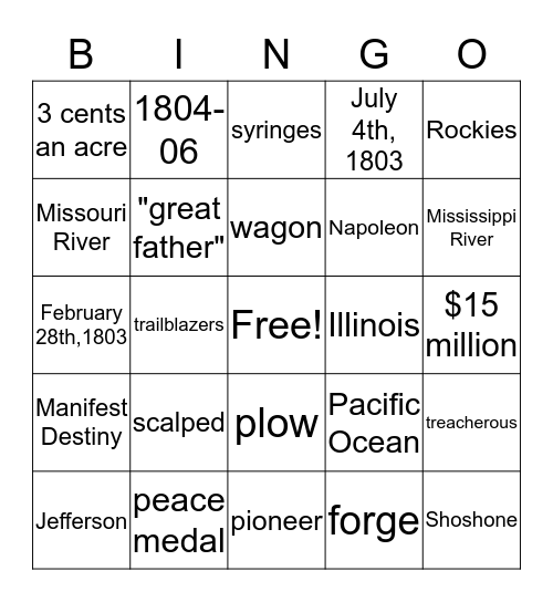 Westward Expansion Bingo Card