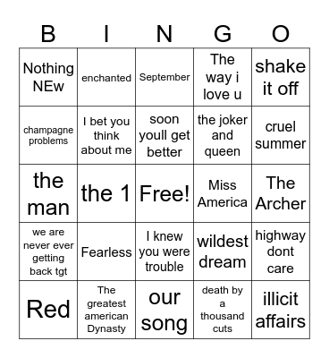 Swiftie Music Bingo 3 Bingo Card