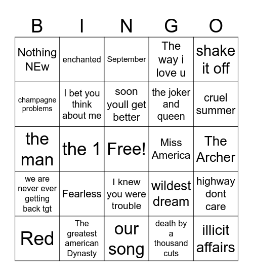 Swiftie Music Bingo 3 Bingo Card