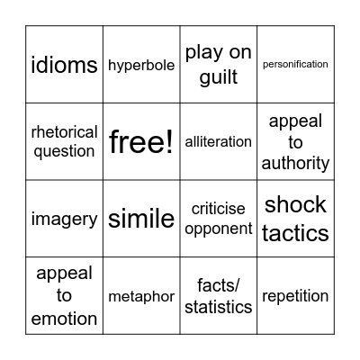 Persuasive Speech Bingo Card