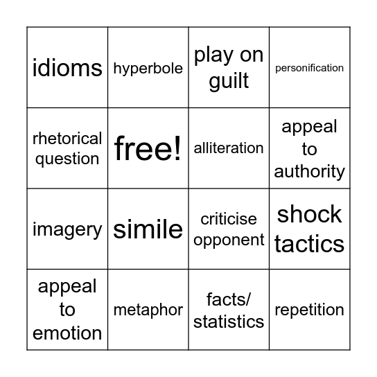 Persuasive Speech Bingo Card
