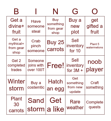 Grow a garden Bingo Card