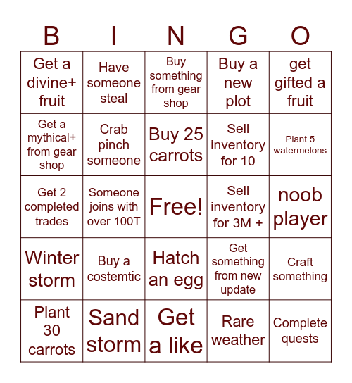 Grow a garden Bingo Card