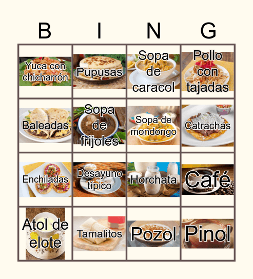 Typical Honduran food and drinks Bingo Card