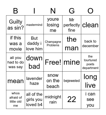 swiftie 2 Bingo Card